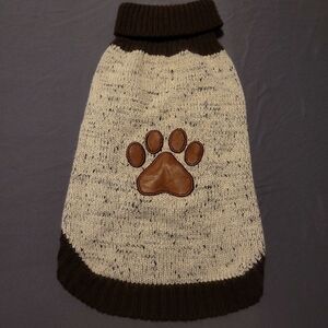 Cozy Cream and Brown Dog Sweater with Paw Design Medium (Fits Quite Large)